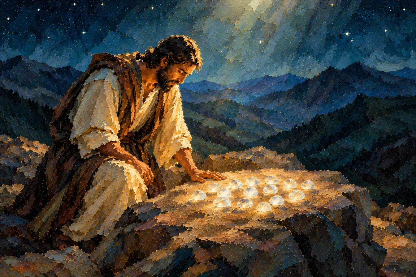 Painting of the brother of Jared kneeling on a mountaintop at night with one hand on a rock where sixteen small clear stones glow with white light, under a soft beam of light from above, with dark ranges of mountains and stars behind