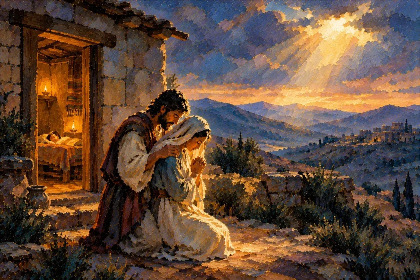 Painting of a husband and wife kneeling together in prayer outside their stone home at dusk, his arm around her shoulders and her hands folded, while lamplight through the open doorway falls on their sleeping child and a shaft of light breaks through the clouds over the hills