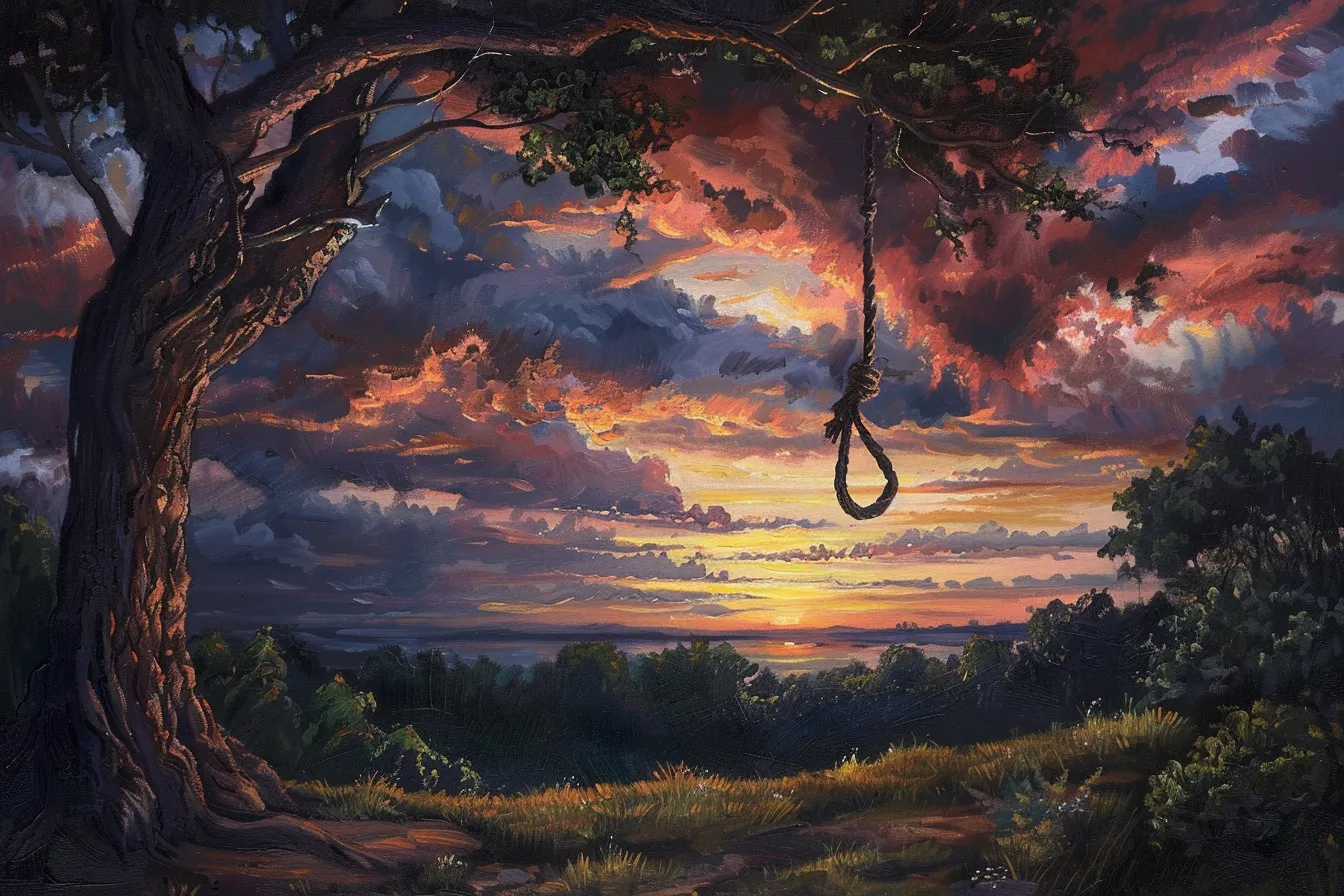 Painting of a noose hanging from the branch of a large tree against a fiery sunset sky