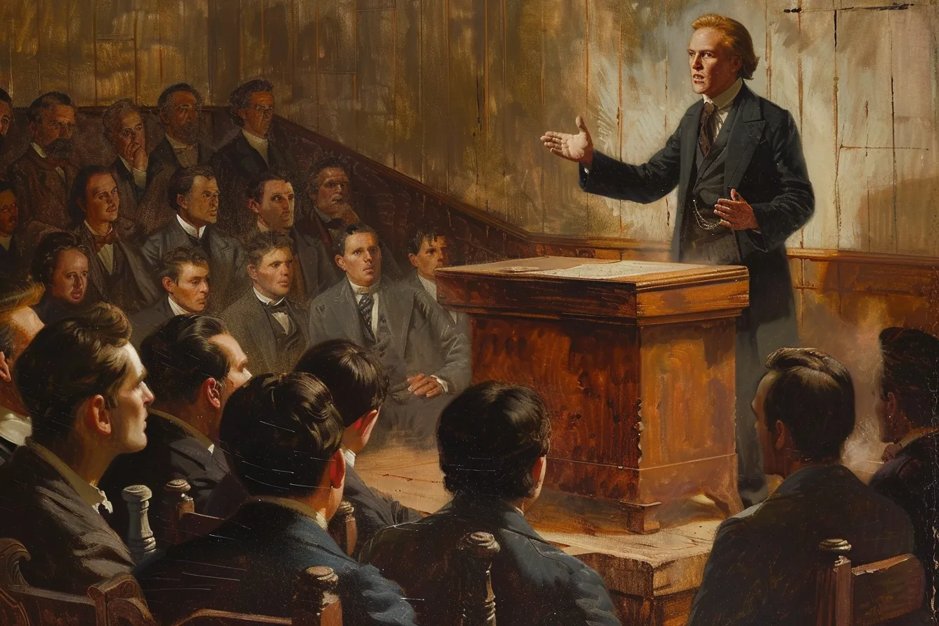 Painting of a man in a dark frock coat preaching from a wooden pulpit to a crowded room of men in nineteenth-century dress