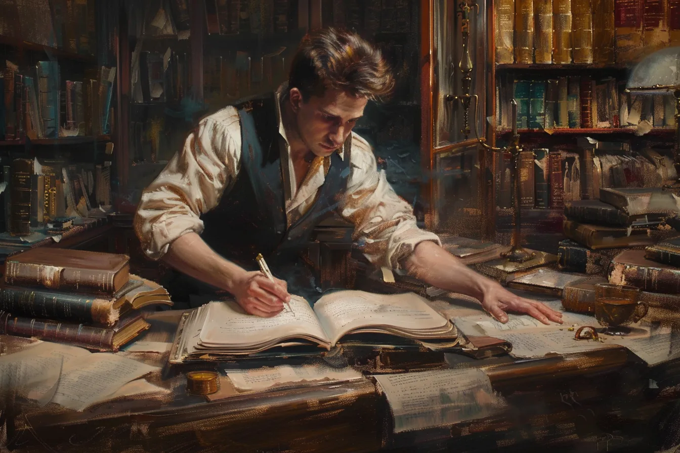 Painting of a young man writing in a large open book at a desk crowded with old books and papers