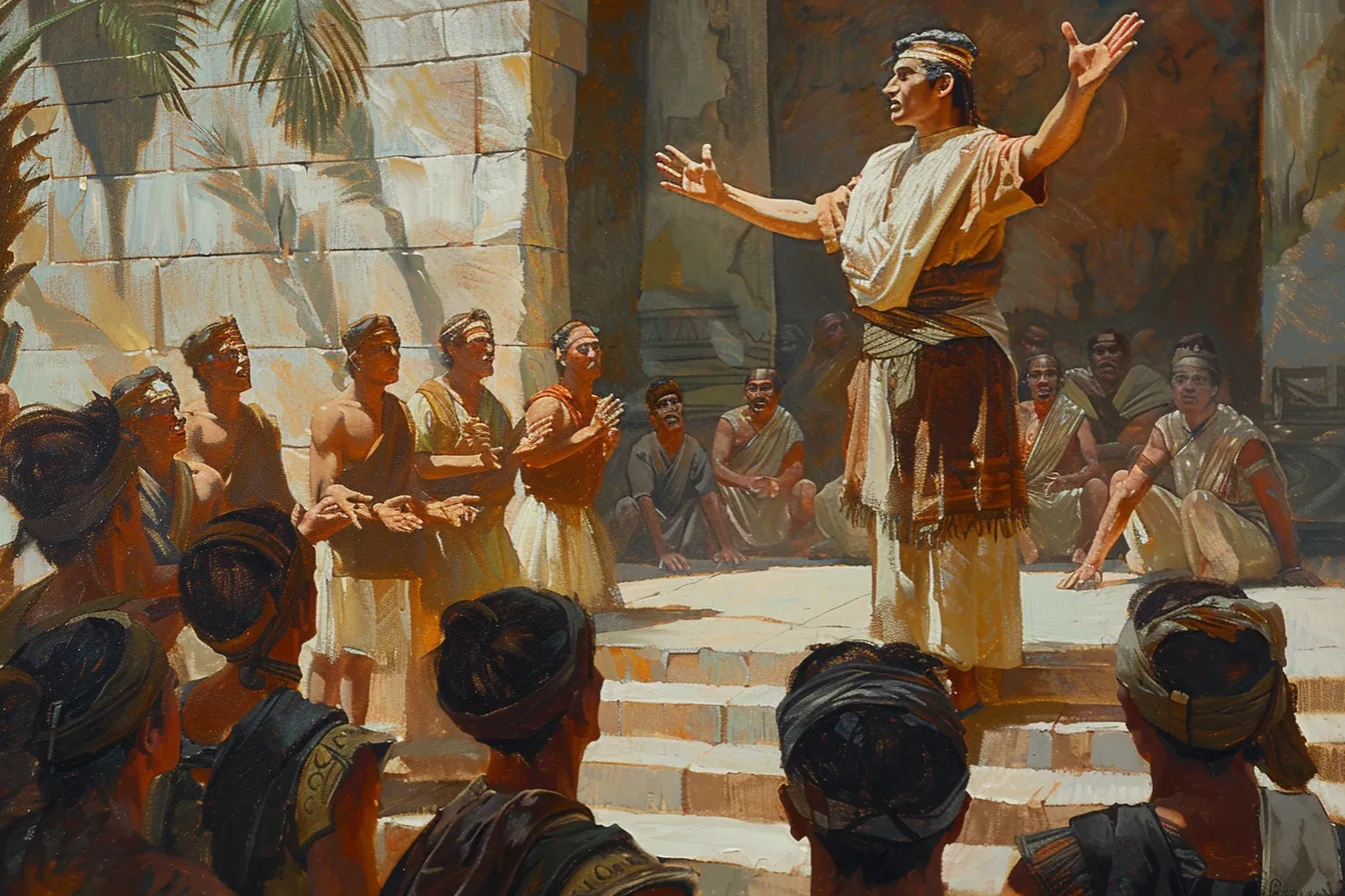 Painting of Jacob with arms raised, preaching on temple steps to a crowd of Nephite men