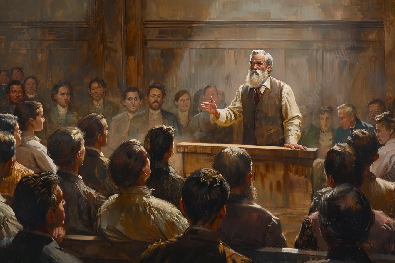 Painting of a gray-bearded church leader speaking from a wooden pulpit to a congregation
