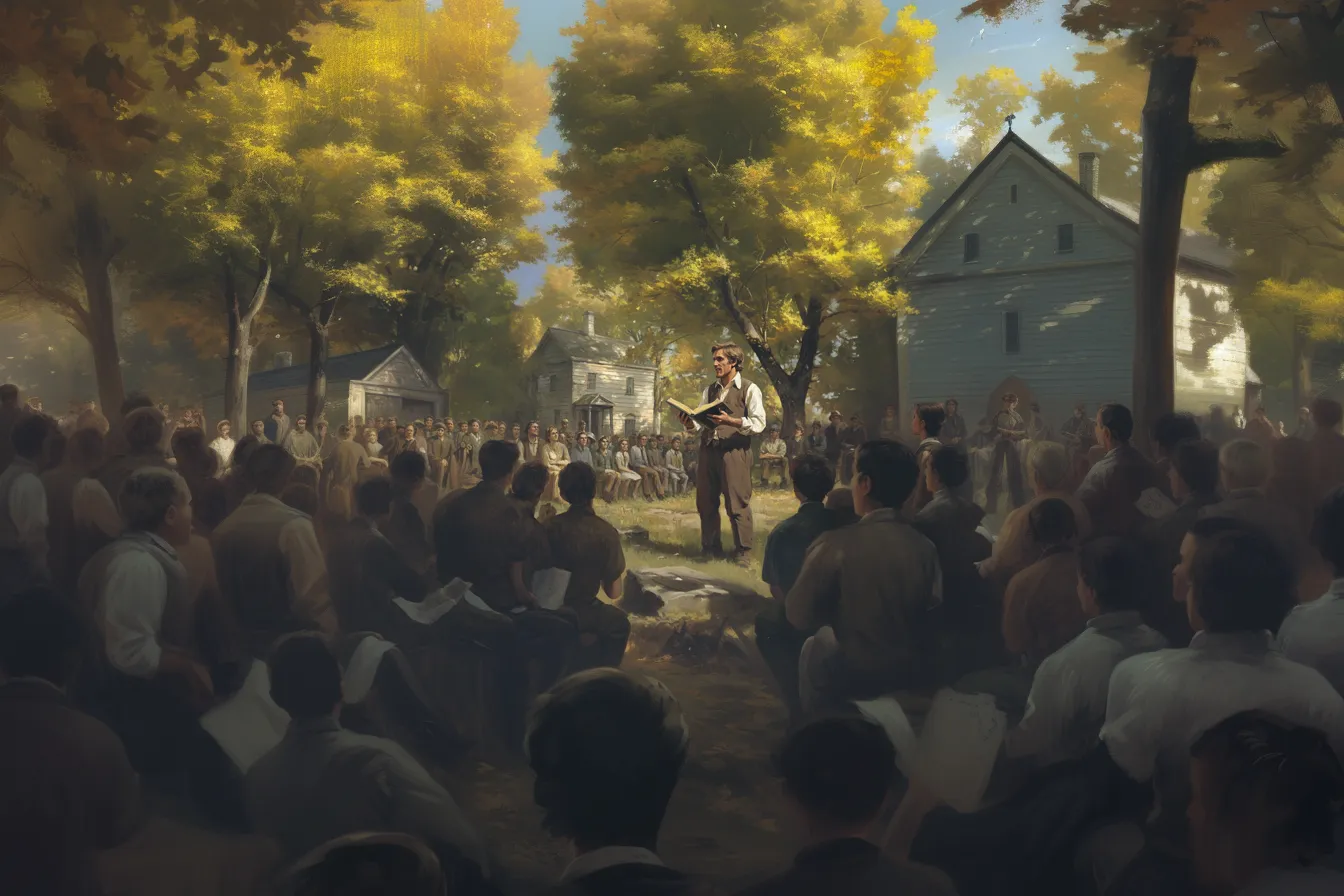 Painting of Joseph Smith preaching from a book to a crowd gathered under autumn trees beside a white meetinghouse