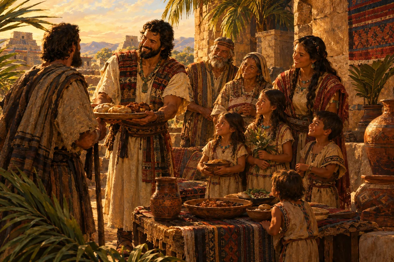 Painting of Amulek smiling as he offers a tray of bread and meat to the travel-worn prophet Alma, while his father, mother, wife and children gather around him in a sunlit courtyard