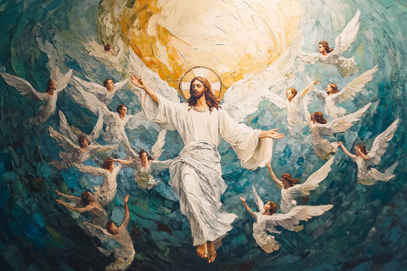 Painting of Christ with arms outstretched, rising amid a swirl of angels before a golden light