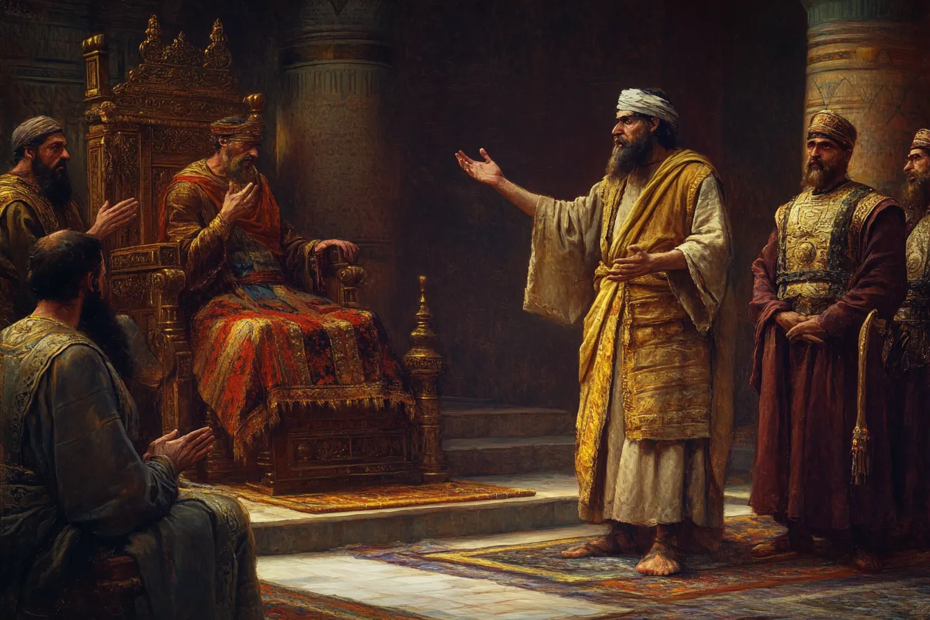 Painting of Abinadi standing before King Noah on his throne, arm outstretched, as priests look on