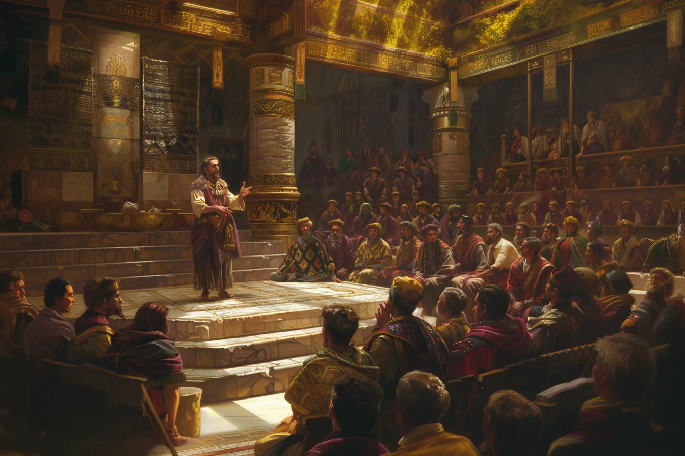 Painting of Jacob preaching from the temple steps to a crowd of Nephite men and women