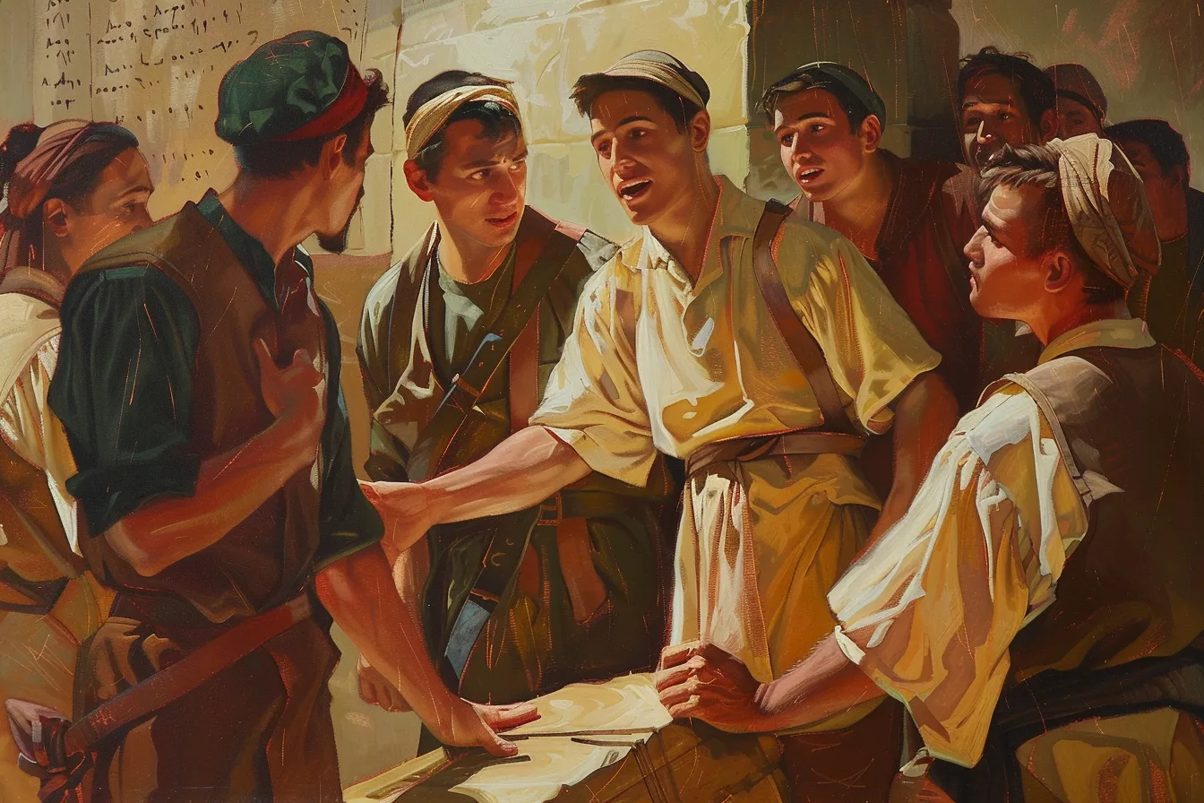 Painting of a group of young men arguing over an open scroll