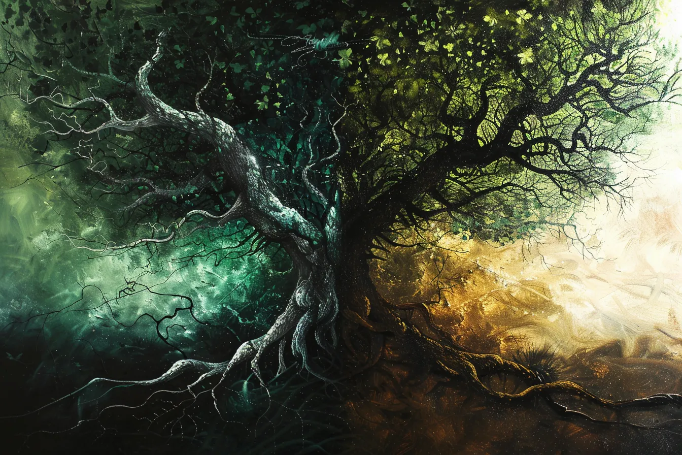 Painting of a large tree with deep roots, one side pale and dying, the other green and alive in golden light