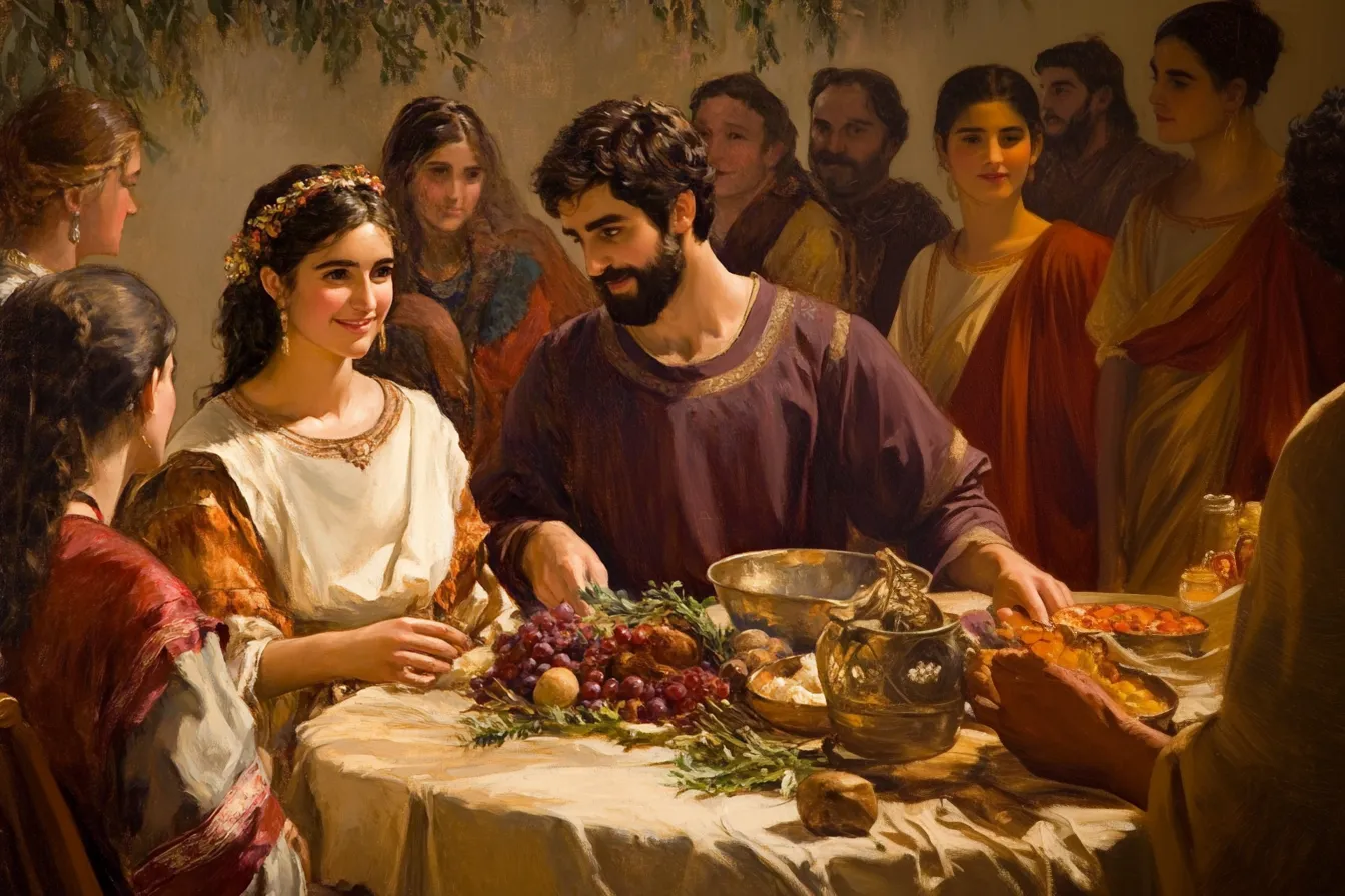 Painting of a smiling bride and groom at a wedding feast, surrounded by family around a table of fruit and bread