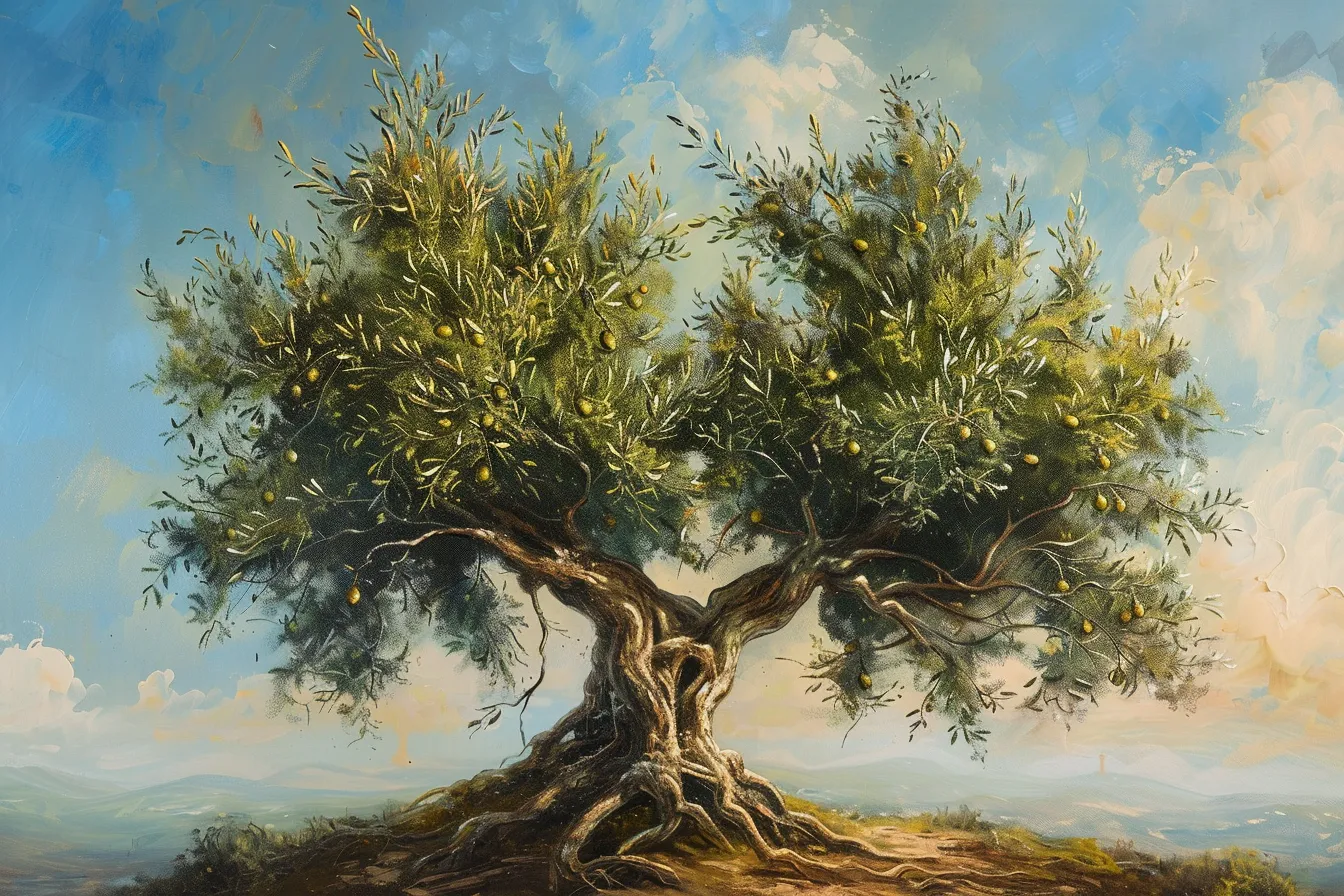 Painting of a broad olive tree heavy with fruit, its roots gripping a hilltop under a blue sky