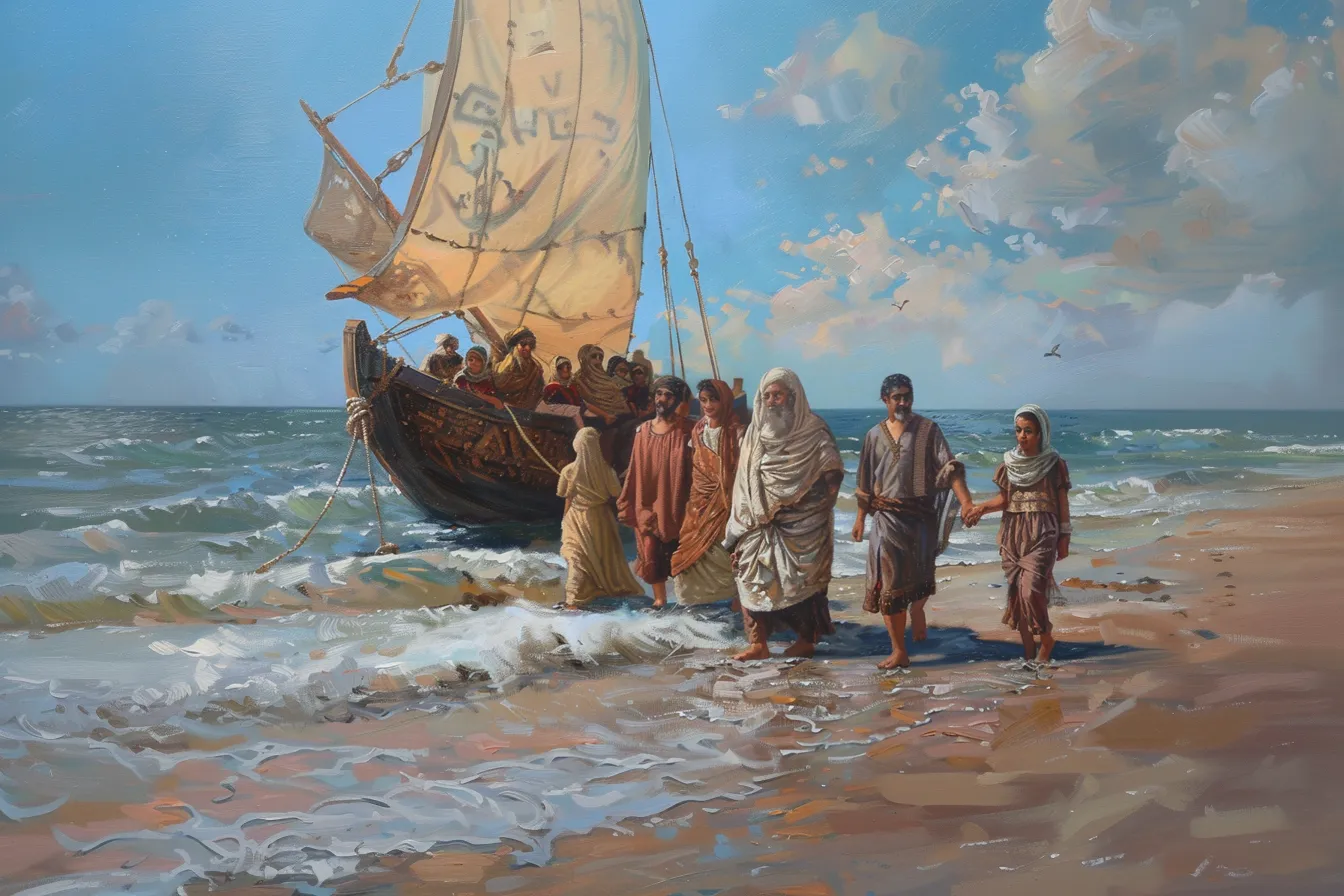 Painting of Lehi’s family wading ashore from a sailing ship onto a beach, couples walking hand in hand