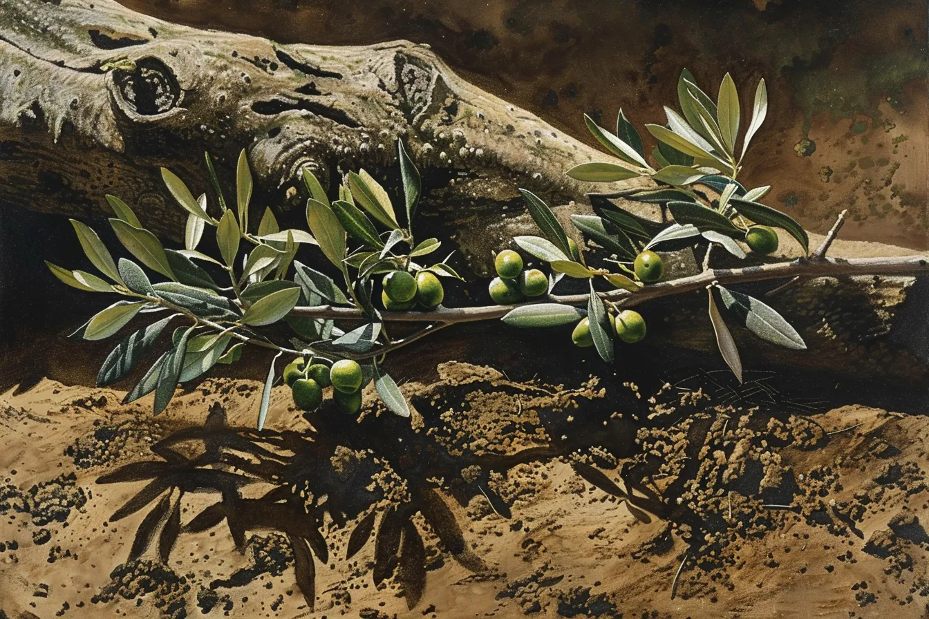 Painting of a cut olive branch with green olives lying on bare earth beside an old, weathered trunk