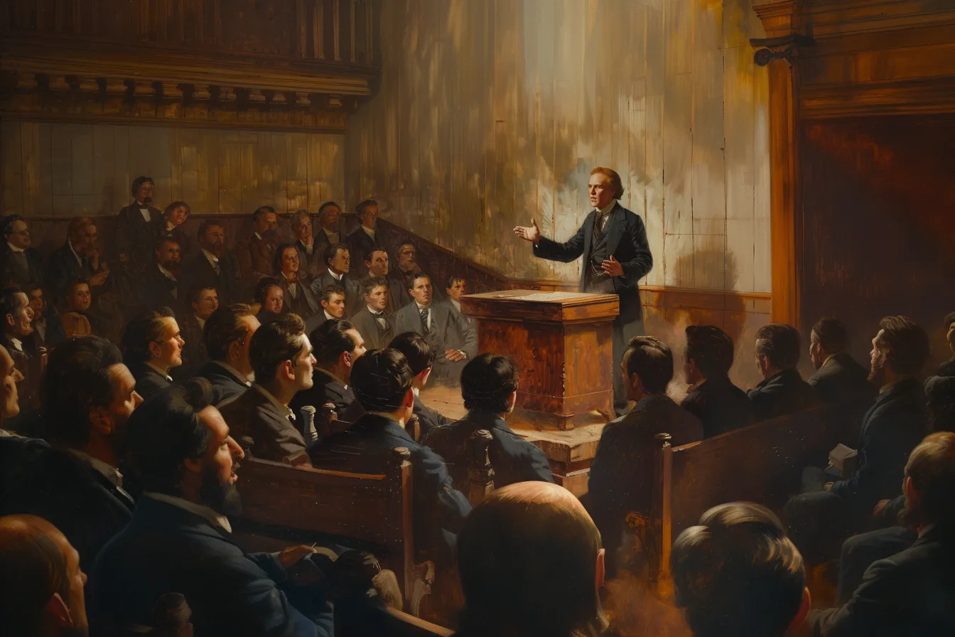 Painting of Hyrum Smith preaching from a wooden pulpit to a crowded hall of men in 1840s coats, warm light across the paneled wall