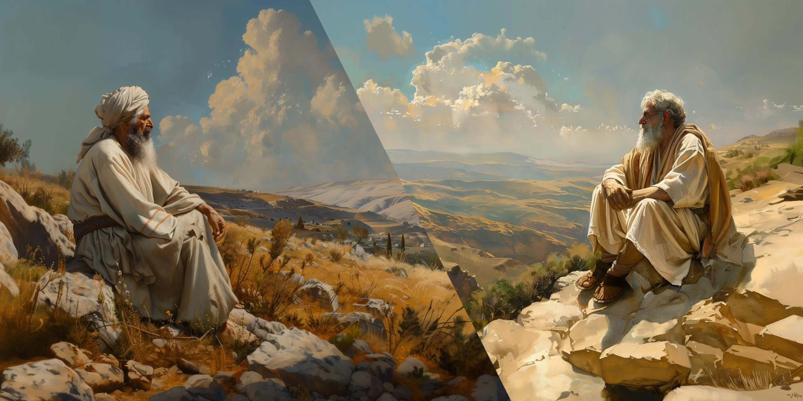 Split painting of two bearded patriarchs, Abraham and Lehi, each seated on a rocky hillside overlooking a promised land