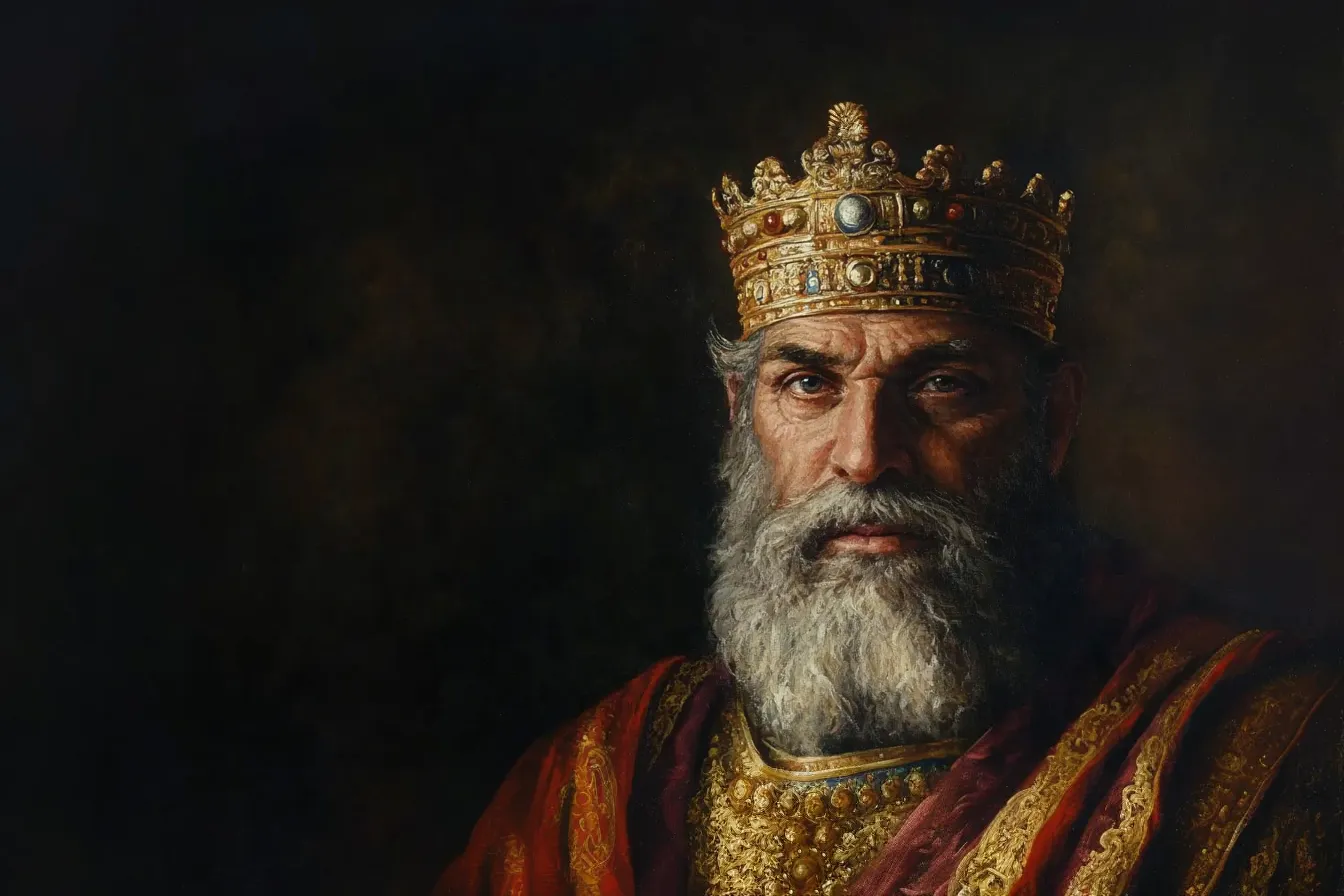 Painting of a gray-bearded king in a jeweled gold crown and red and gold robes, staring out of a dark background