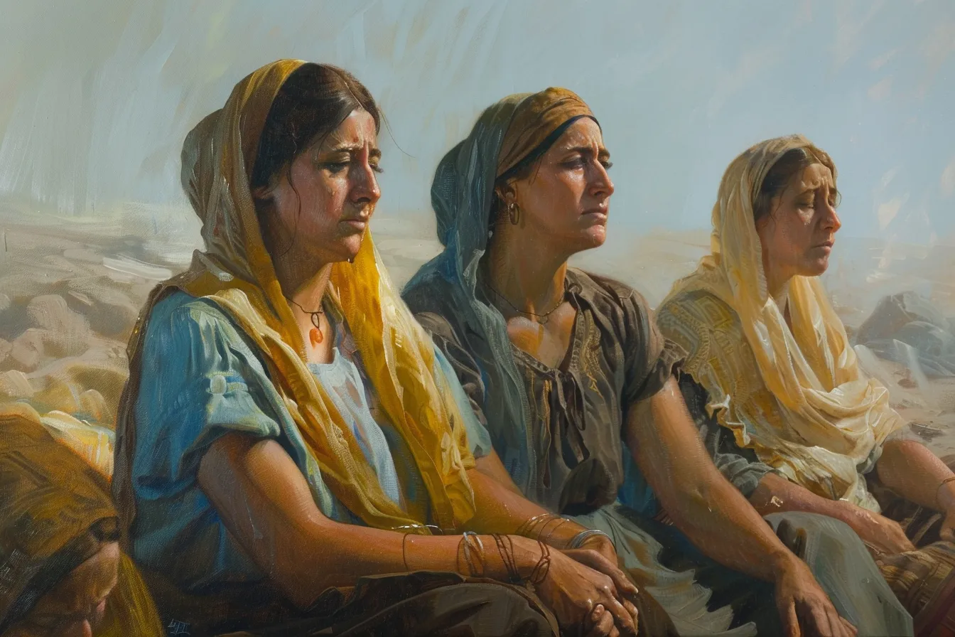 Painting of three sorrowful women in head scarves sitting side by side in a hazy desert landscape