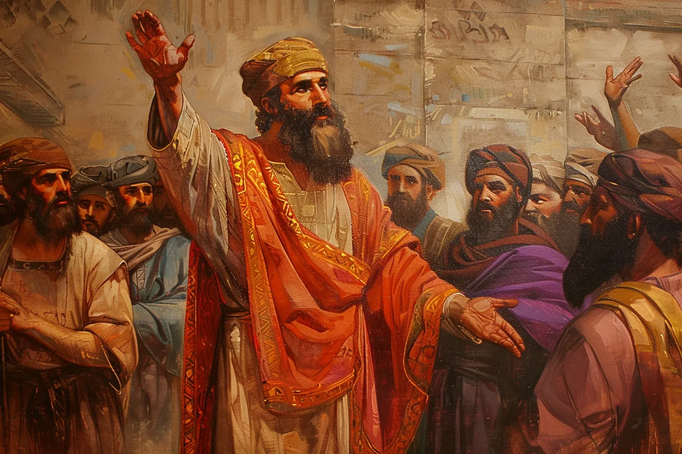 Painting of Jacob in a red robe, one arm raised, prophesying to a crowd of bearded men in turbans