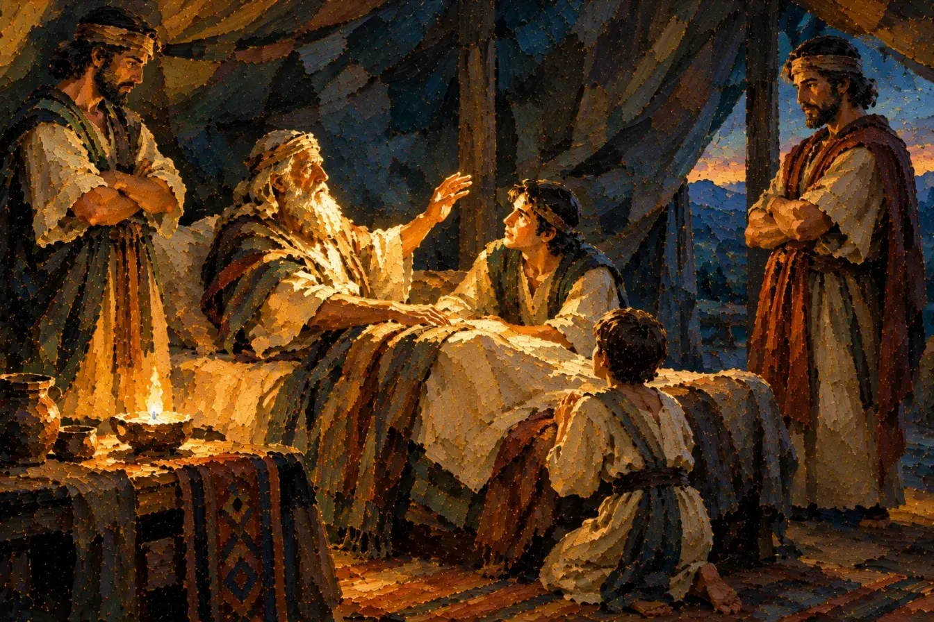 Painting of the aged, white-bearded Lehi sitting up in bed in a lamplit tent, reaching out to bless his sons: a young man (Jacob) at his side looking up at him, a small boy (Joseph) kneeling at the bedside, and two older sons standing apart with folded arms, with a dusk sky through the tent opening