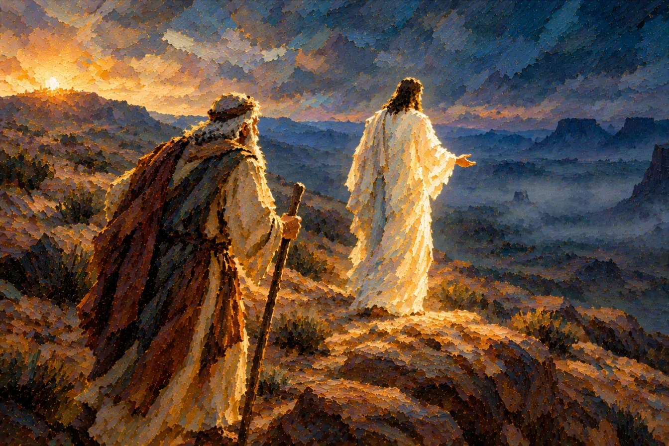 Painting of the old, white-bearded Lehi with a walking staff following a man in a white robe, seen from behind, who beckons him on toward a dark, misty valley at dusk, while a warm light glows on a distant hill behind them
