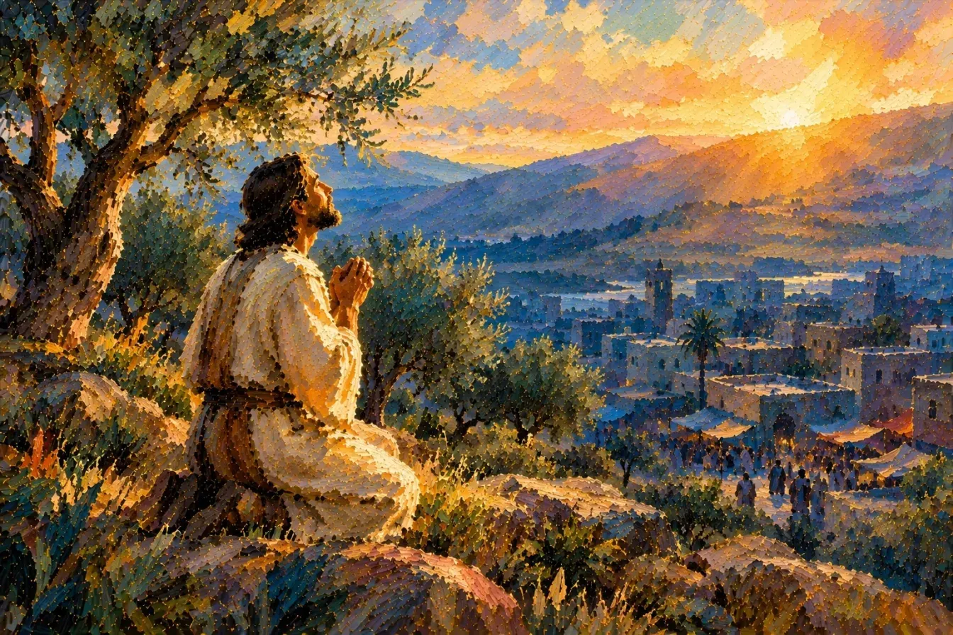 Painting of a man in a white robe kneeling in prayer among olive trees on a hillside at dawn, hands folded and face turned up toward the rising sun, while the busy market town below him is still in blue shadow