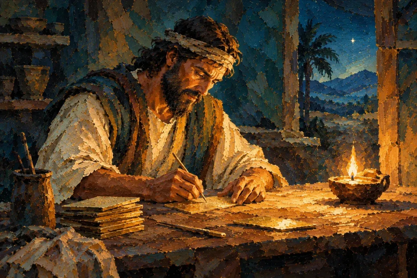 Painting of Nephi, a dark-bearded man in a headband and robe, engraving thin gold plates at a wooden table by the light of an oil lamp at night, a stack of finished plates beside him and palm trees and hills under a starry sky through the window