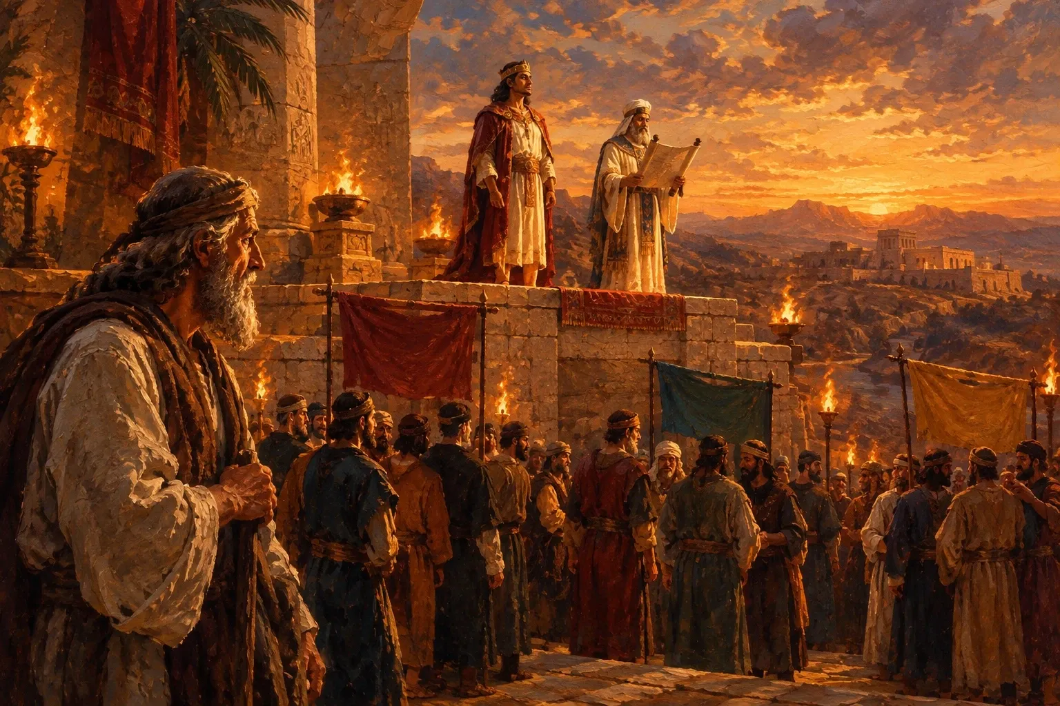 Painting of a young king in a gold crown standing on a stone platform at sunset while a priest reads to him from a scroll, as men gather below under colored banners and an old bearded man watches from the foreground