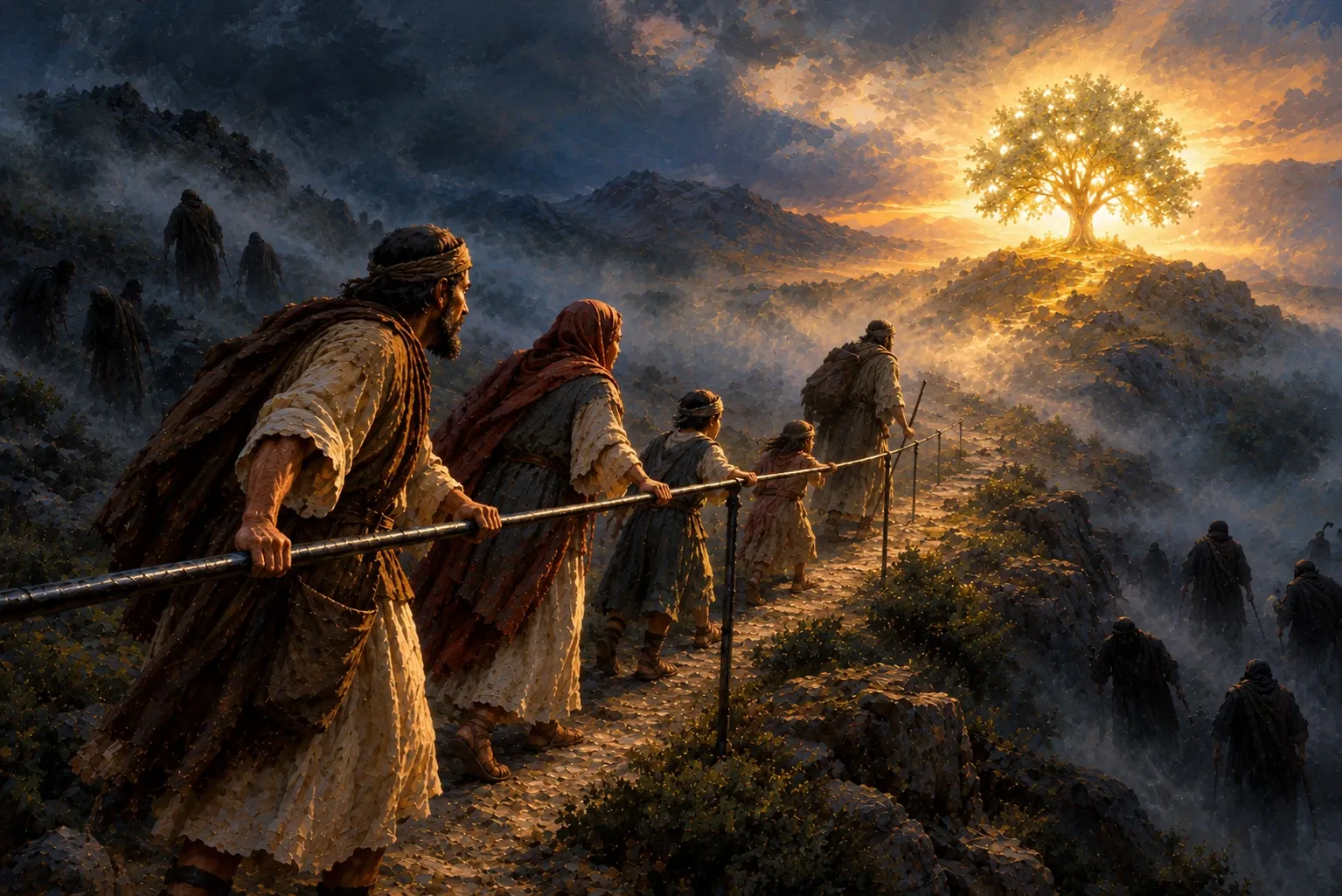 Painting of a family pressing forward along a misty mountain path at dusk, holding to an iron rod, toward a glowing tree on a distant hill, while shadowy figures wander off the path into the dark on either side