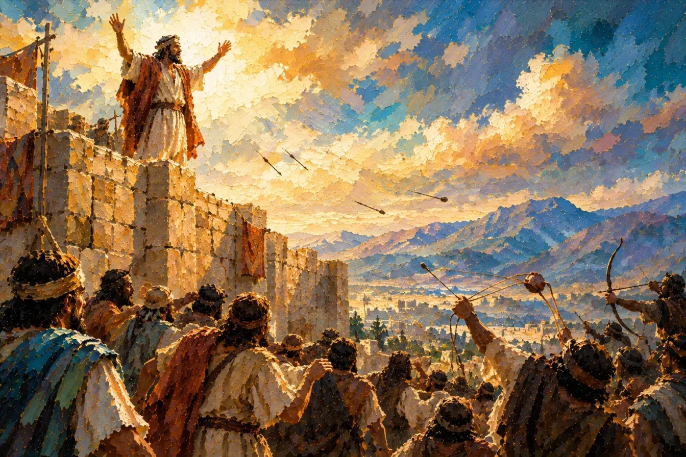 Painting of Samuel the Lamanite standing on top of a stone city wall with his arms raised, calling out under a glowing afternoon sky, while the crowd below listens or aims arrows and slings at him, the arrows falling short, with mountains in the distance