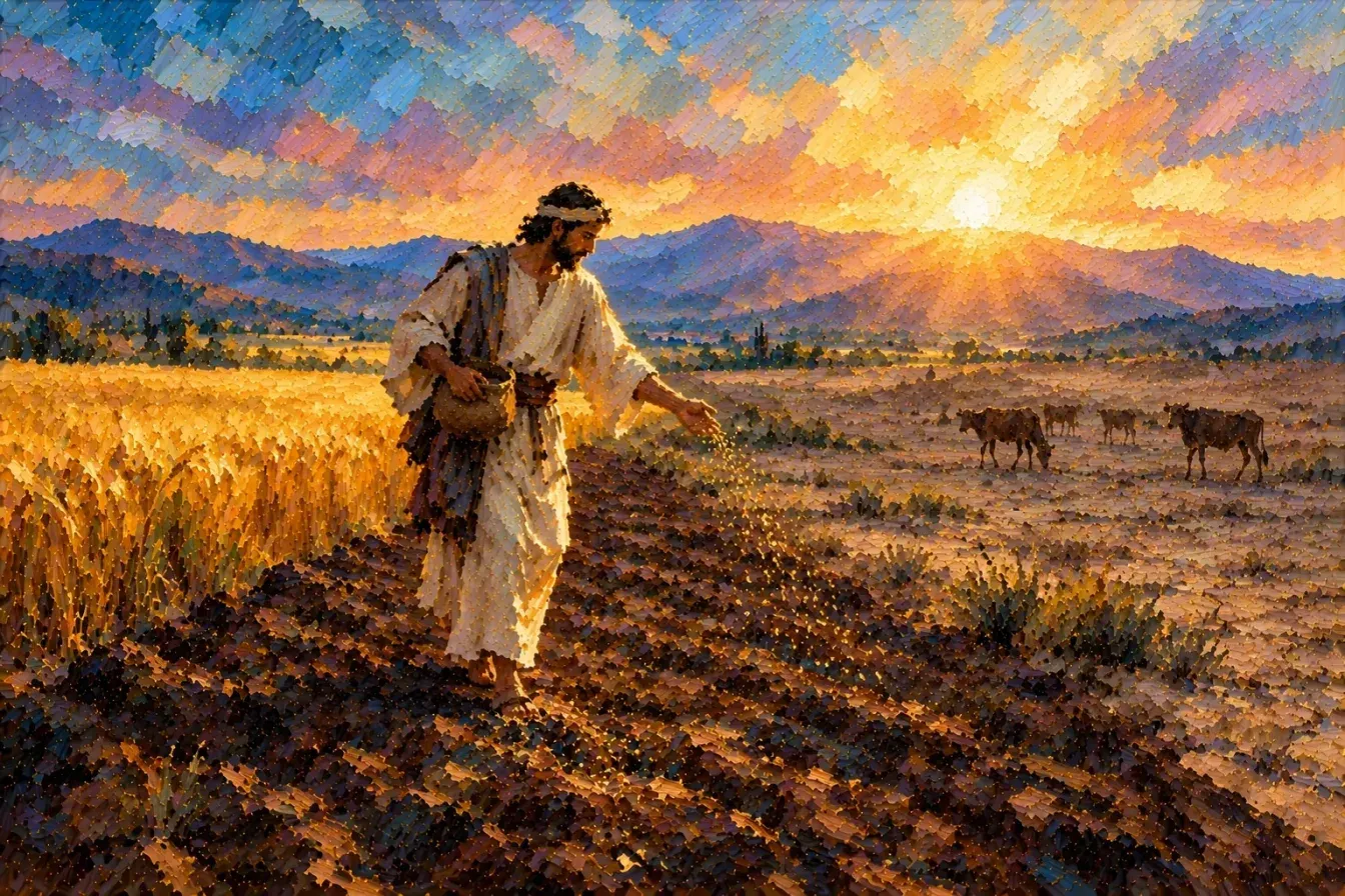 Painting of a farmer in a white robe scattering seed by hand across a plowed field at sunrise, with ripe golden grain on one side of him and a bare, overgrazed pasture with a few cattle on the other