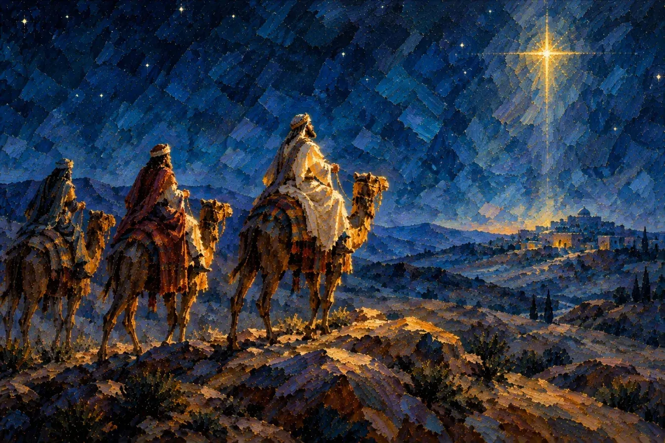 Painting of three wise men on camels crossing dark desert hills at night, following a single bright star that shines down on a small town in the distance