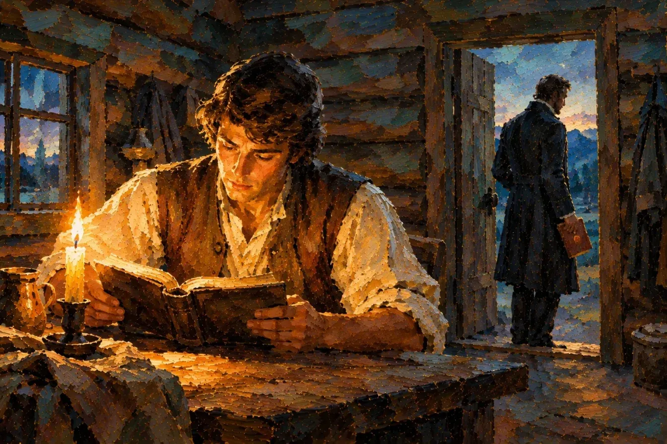 Painting of a young farmer in an 1820s shirt and vest reading an open book by candlelight in a log cabin, while through the open doorway behind him a learned man in a dark frock coat turns away at dusk holding a sealed book